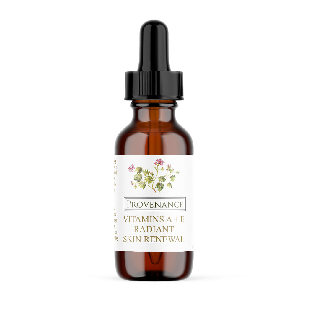Skin Renewal Oil in small, amber glass bottle with black eye-dropper screw-top lid.