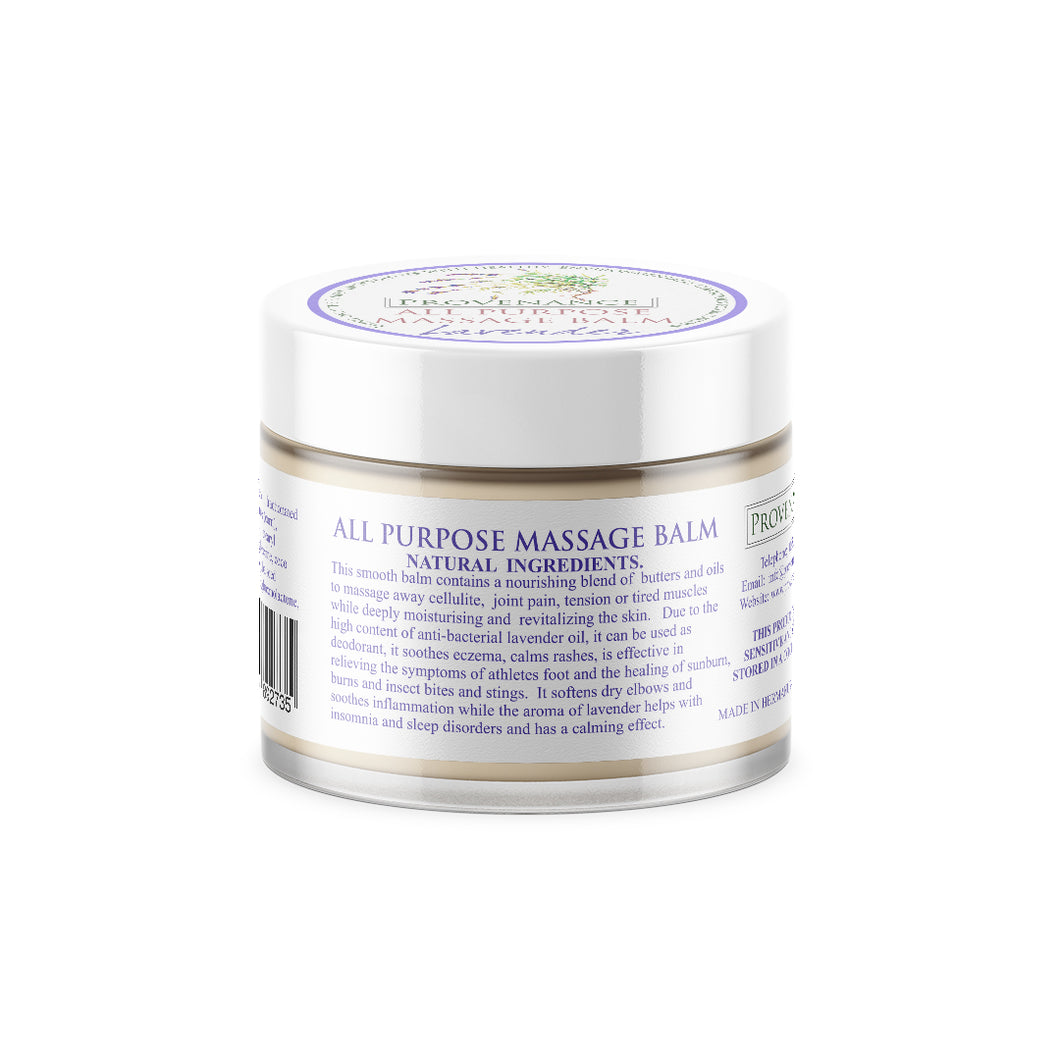 Massage balm in small clear glass jar with white screw-top lid.