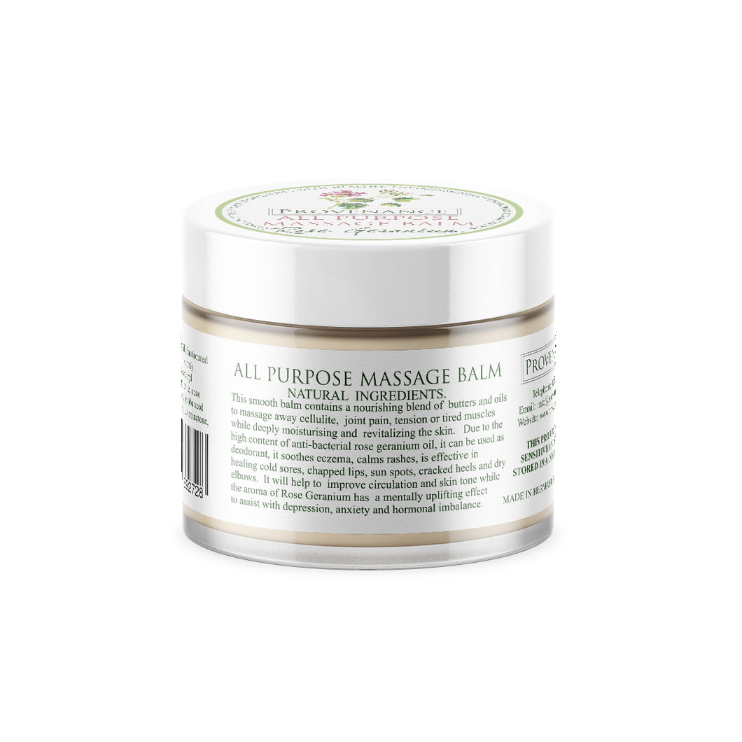 Massage balm in small clear glass jar with white screw-top lid.