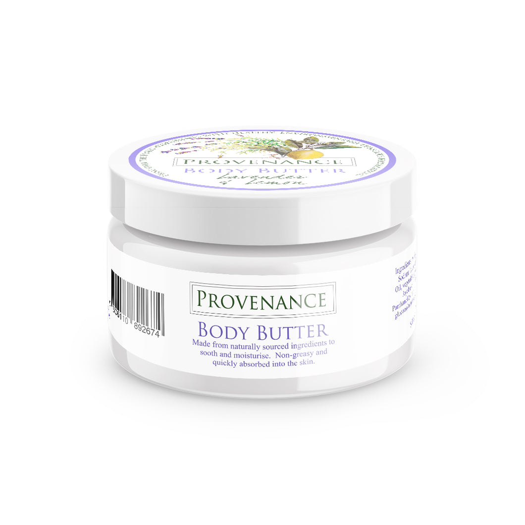 Body butter in large, glossy white cosmetics tub.