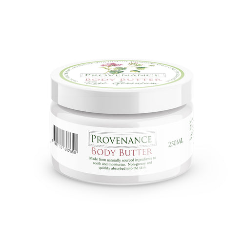 Body butter in large, glossy white cosmetics tub.