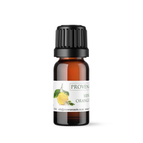 Essential oil in small, amber glass bottle with black screw-top lid.