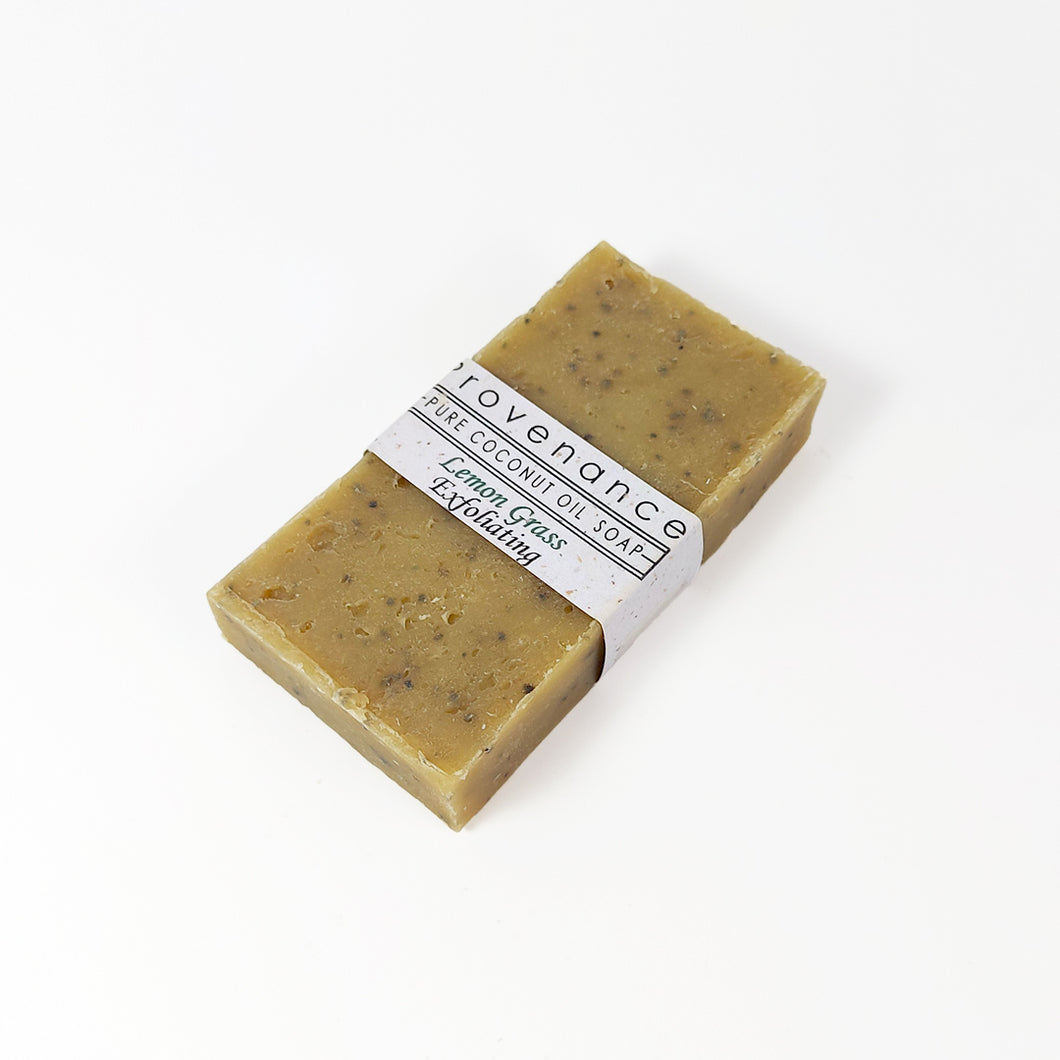 Brick-shaped bar of handmade exfoliating soap.