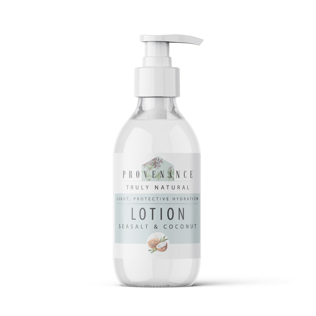 Lotion in clear glass bottle with pump.